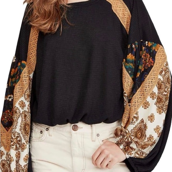 Free People Tops - Free People Black and Tan Boho Blouse